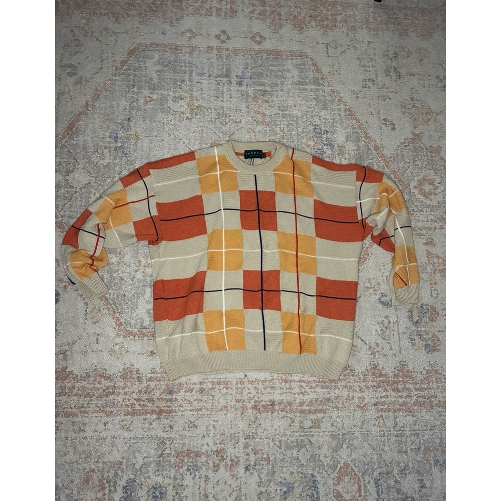 Vintage 90s Tundra Canada Geometric Block Plaid Knit Sweater Crewneck XXL Cosby
